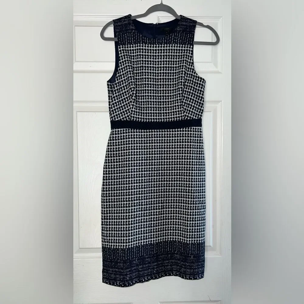 J.Crew Navy & Ivory Tweed Checkered Print dress Size 6 EUC academia
